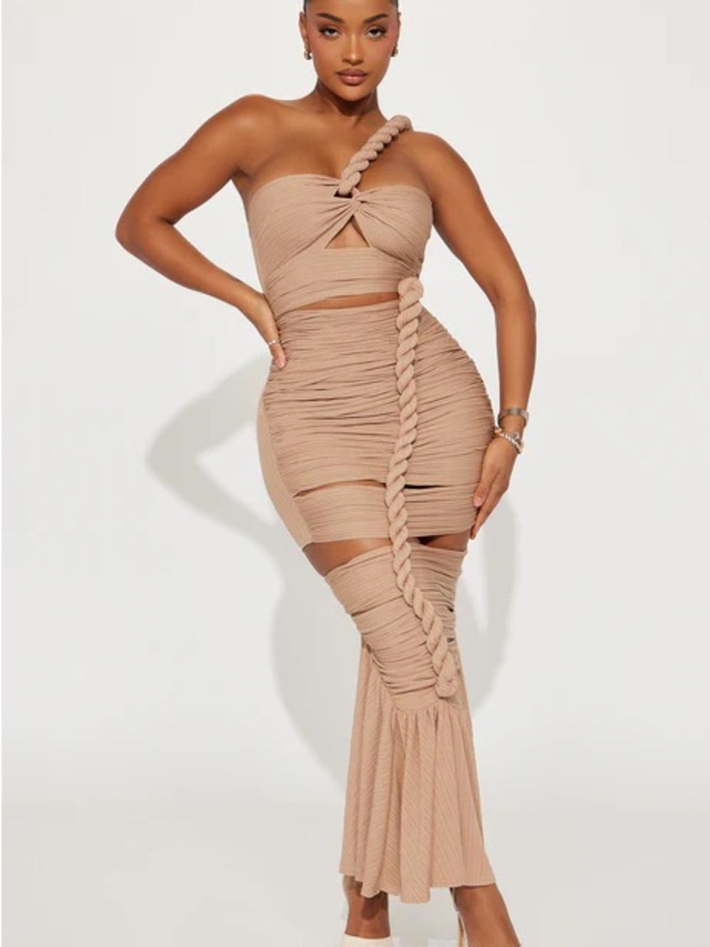 Fashion Nova Taupe One-Shoulder Braided Ruched Maxi Dress size large
